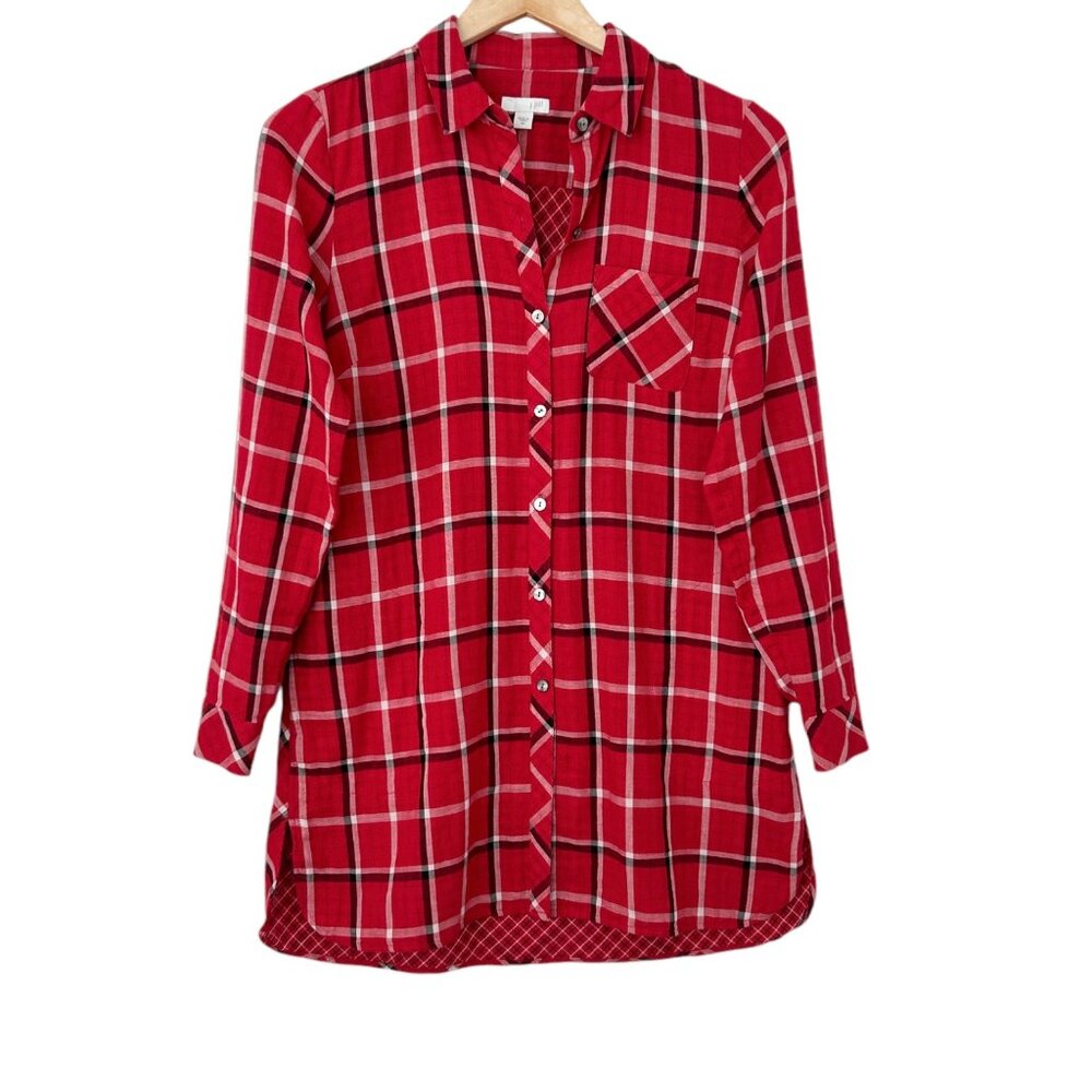 J. Jill Cotton Plaid Button Down Tunic Long Sleeve Shirt Dress (XS) - Picture 8 of 15